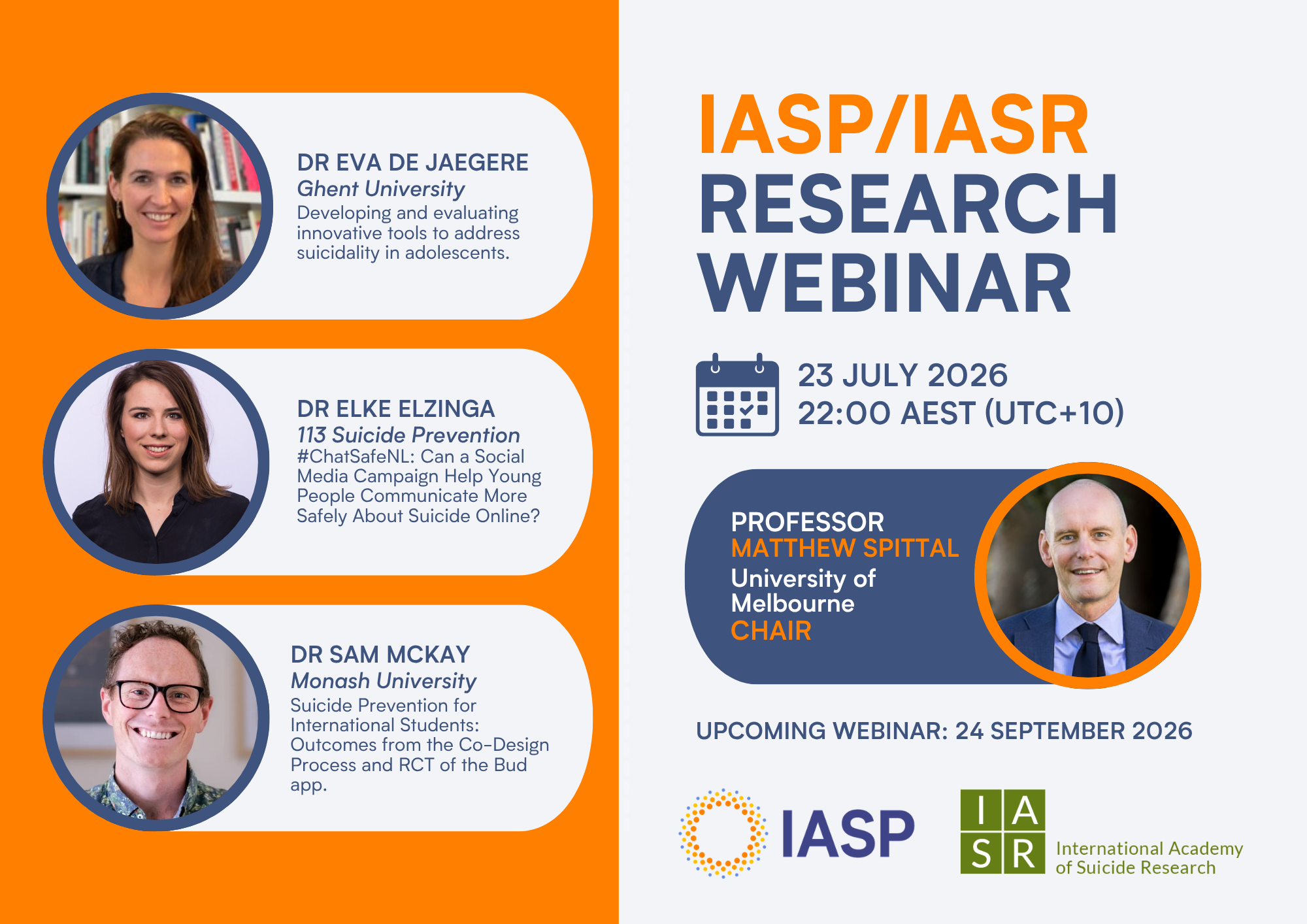 A flyer promoting the details of the upcoming IASP IASR Research Webinar in July 2026