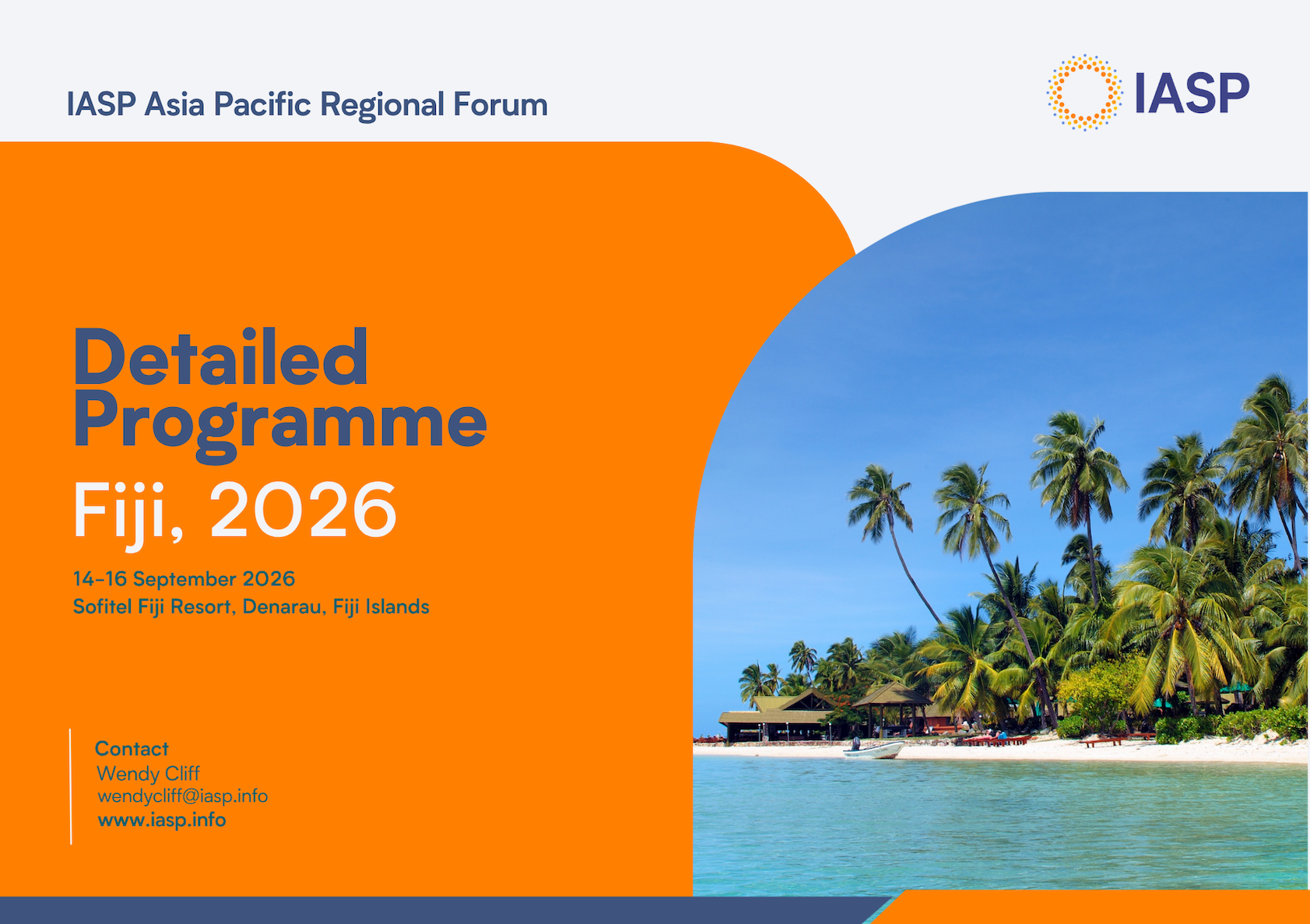 Cover image for the detailed programme for the IASP Asia Pacific Regional Forum showing a photo of palm trees on a beach in Fiji