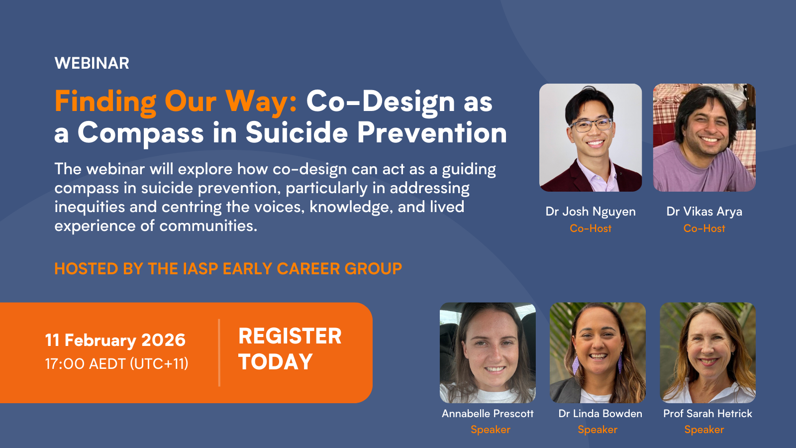 Flyer promoting the upcoming webinar from IASP entitled Finding Our Way Co-Design as a Compass in Suicide Prevention