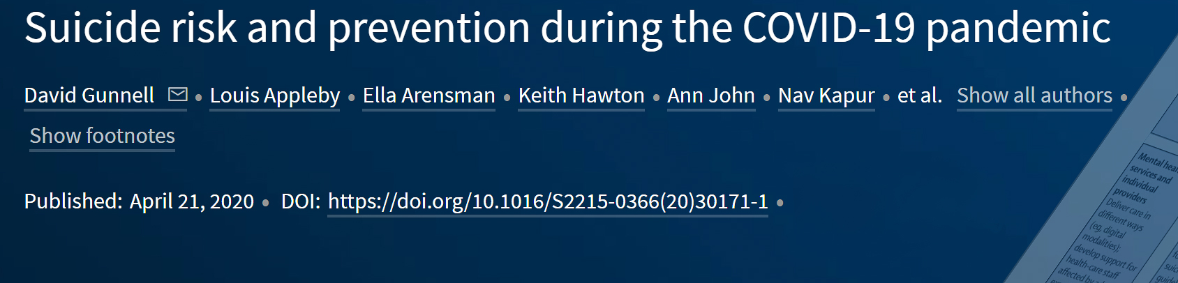 Suicide Prevention During the COVID 19 Outbreak