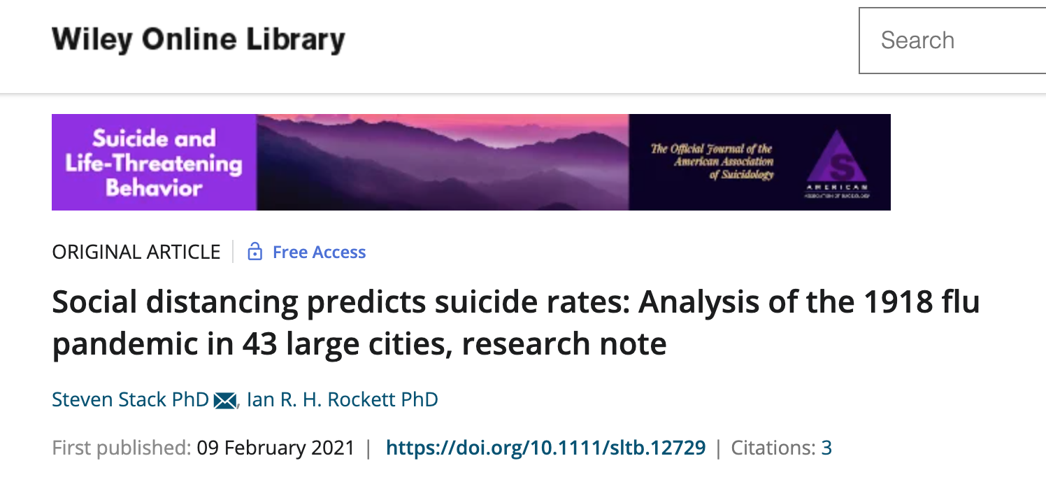 Social distancing predicts suicide rates analysis of the 1918 flu pandemic in 43 large cities