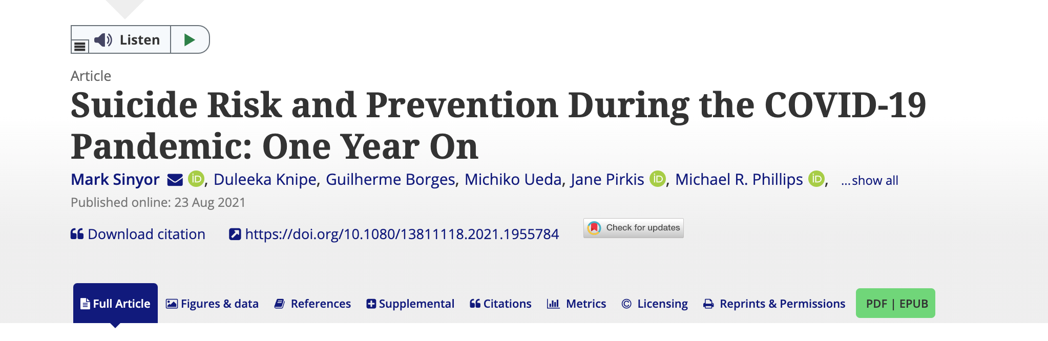 Suicide Risk and Prevention during the COVID19 Pandemic One Year On