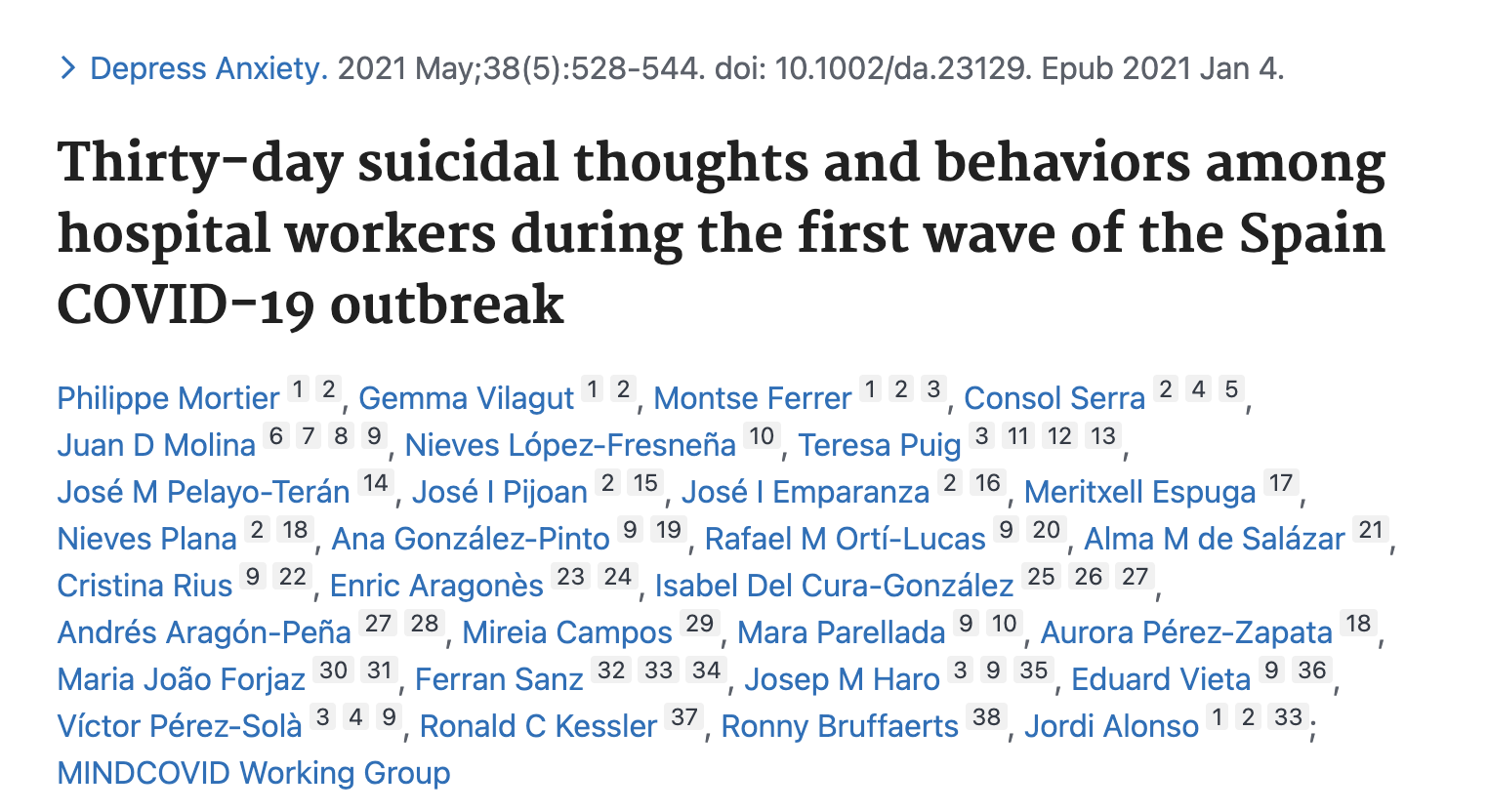 Thirty day suicidal thoughts and behaviours among hospital workers during the first wave of the spain covid19 outbreak